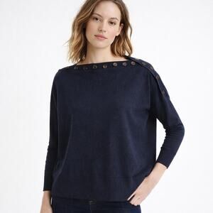 J. Crew Buttoned Boat Neck Cotton Blend Long Sleeve Sweater Navy Blue XL